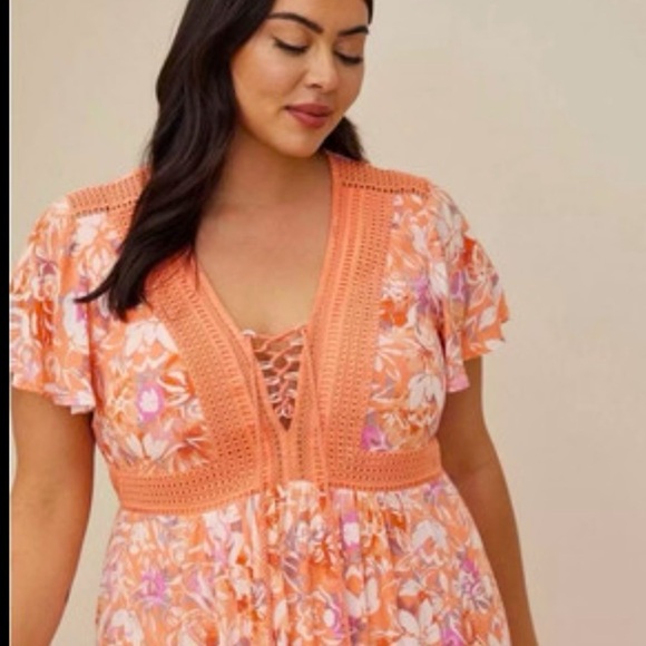 Torrid NWT Lace Eyelet Coral Boho Cottegecore Maxi Dress - Picture 1 of 6